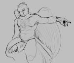  2019 amros anthro avian balls beak big_penis big_wings clothed clothing digital_media_(artwork) erection feathers humanoid_penis loincloth male monochrome penis simple_background sketch solo stowaway talons topless wings 