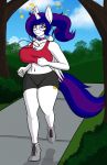  2019 absurd_res big_breasts blue_hair bottomwear bouncing_breasts bra breasts cleavage clothed clothing cloud cutie_mark digital_media_(artwork) ear_piercing ear_ring equid eyewear fan_character footwear fur glasses hair hi_res horn huge_breasts hypernova_melody jewelry jogging mammal music my_little_pony necklace piercing ponytail purple_hair shirt shoes shorts sky smile solo sports_bra tank_top thick_thighs tight_clothing topwear tree underwear white_fur wide_hips winged_unicorn wings xwingedvixenx 