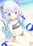  1girl animal_ears animal_hood ball bangs bare_shoulders beach beachball bell bell_choker bikini black_bikini blue_choker blue_footwear blue_hair blue_sky blurry blurry_background blush breasts cat_cutout cat_ears cat_girl cat_hood cat_tail choker cleavage_cutout closed_mouth collarbone commentary_request day depth_of_field dutch_angle eyebrows_visible_through_hair fake_animal_ears flip-flops food green_jacket hair_between_eyes hand_up holding holding_food hood hood_down hooded_jacket horizon ice_cream ice_cream_cone jacket jingle_bell long_sleeves ocean off_shoulder open_clothes open_jacket original outdoors red_eyes rin_(fuwarin) sandals side-tie_bikini sitting sky sleeves_past_wrists small_breasts solo swimsuit tail tongue tongue_out wariza water 