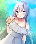 1girl bangs bare_shoulders blue_eyes blue_sky blush breasts bubble_tea cleavage cloud collarbone commentary_request cup day disposable_cup dress drinking_straw eyebrows_visible_through_hair fingernails grey_dress grey_hair hair_between_eyes hand_up highres holding holding_cup long_hair looking_at_viewer minami_saki off-shoulder_dress off_shoulder original outdoors parted_lips sky smile solo tree very_long_hair 