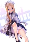  1girl abigail_williams_(fate/grand_order) absurdres bangs black_dress black_footwear blonde_hair bloomers blue_eyes blush braid butterfly_hair_ornament closed_mouth dress dutch_angle eyebrows_visible_through_hair fate/grand_order fate_(series) forehead gejigejier hair_ornament heroic_spirit_chaldea_park_outfit highres holding holding_tray keyhole long_sleeves looking_at_viewer parted_bangs shirt shoes sleeveless sleeveless_dress sleeves_past_fingers sleeves_past_wrists solo tray underwear white_bloomers white_shirt 