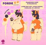  2019 4_fingers 4_toes belly big_butt big_feet brown_eyes butt canid canine canis character_name color_swatch domestic_dog elbow_tufts english_text fingers flaccid flower forde_(ropnolc) foreskin hair herding_dog information long_ears male mammal model_sheet neck_tuft nipples nude overweight overweight_male pastoral_dog pattern_background pawpads paws penis pink_background plant pompadour ropnolc short_hair simple_background snout tailless text thick_thighs toes tuft uncut unretracted_foreskin welsh_corgi 