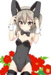  1girl animal_ears arms_up bangs bare_shoulders black_hairband black_legwear black_leotard black_neckwear bow bowtie breasts brown_eyes brown_hair bunny_ears commentary_request covered_navel cowboy_shot eyebrows_visible_through_hair fake_animal_ears fingernails flipper flower girls_und_panzer groin hair_between_eyes hairband leotard long_hair one_side_up red_flower shimada_arisu simple_background small_breasts solo strapless strapless_leotard thighhighs white_background wrist_cuffs 