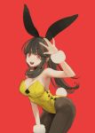  1girl :d animal_ears armpits bangs black_legwear blush breasts bunny_ears bunny_tail bunnysuit choker cleavage covered_navel fake_animal_ears highres jun_(seojh1029) long_hair open_mouth original pantyhose red_background red_eyes simple_background smile solo tail teeth 