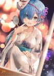  1girl :d bangs blue_eyes blue_hair blurry blurry_background blush breasts cleavage collarbone depth_of_field dutch_angle eyebrows_visible_through_hair floral_print flower fox_mask gio_(maroon0924) goldfish_scooping hair_between_eyes hair_flower hair_ornament hair_over_one_eye hair_ribbon hairclip hand_up holding japanese_clothes kimono large_breasts long_sleeves looking_at_viewer mask mask_on_head medium_breasts night obi open_mouth pink_ribbon poi_(goldfish_scoop) print_kimono purple_ribbon re:zero_kara_hajimeru_isekai_seikatsu red_flower rem_(re:zero) ribbon sash short_hair signature smile solo squatting summer_festival water watermark web_address white_kimono wide_sleeves x_hair_ornament yukata 