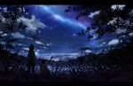 2girls bokuden clouds grass night original phone scenic short_hair silhouette sky stars waifu2x 