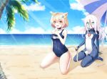  1girl 2girls absurdres animal_ear_fluff animal_ears bangs bare_legs bare_shoulders beach blue_swimsuit blush bodysuit breasts cat_ears character_request check_copyright commentary_request dahe_zhuang_(yishi_fanhua) eyebrows_visible_through_hair hair_between_eyes highres kantai_collection large_breasts long_hair looking_at_viewer multiple_girls outdoors pale_skin palm_tree red_ribbon ribbon school_swimsuit short_hair small_breasts swimsuit tree umbrella warship_girls_r water white_hair yellow_eyes 