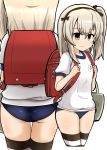  1girl absurdres ass backpack bag bangs black_legwear black_ribbon blue_buruma blush boko_(girls_und_panzer) buruma cellphone_charm closed_mouth commentary eyebrows_visible_through_hair frown girls_und_panzer gym_shirt gym_uniform hair_ribbon handbag highres kumo_(atm) light_brown_eyes light_brown_hair long_hair looking_at_viewer multiple_views name_tag one_side_up randoseru ribbon shimada_arisu shirt simple_background solo standing striped striped_legwear thigh_gap thighhighs thighs white_background white_shirt 