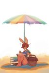  2019 absurd_res barefoot basket book brianne_(spikedmauler) clothed clothing drinking featureless_feet female hair hair_over_eye hi_res lagomorph leporid mammal musical_note one-piece_swimsuit parasol rabbit reading short_hair signature simple_background sitting solo spikedmauler swimwear umbrella white_background 
