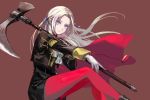  1girl axe blonde_hair brown_background cape closed_mouth edelgard_von_hresvelg fire_emblem fire_emblem:_three_houses from_side gloves hair_ribbon holding holding_axe long_hair long_sleeves looking_to_the_side mikami purple_eyes red_cape red_legwear ribbon simple_background sitting solo uniform white_gloves 