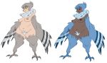  2019 animal_legs areola avian blue_feathers breasts duo feathers female grey_feathers harpy humanoid medium_breasts navel nipples nude pubes red_eyes simple_background slb slightly_chubby smile standing thick_thighs white_background wide_hips winged_arms winged_humanoid wings yellow_eyes 