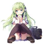  1girl alternate_costume ass bag bangs black_legwear blue_eyes blue_sailor_collar blue_skirt blush breasts brown_footwear cellphone commentary_request contemporary eyebrows_visible_through_hair frog_hair_ornament green_hair hair_ornament hair_tubes holding holding_phone knees_together_feet_apart knees_up kochiya_sanae large_breasts loafers long_hair looking_at_viewer miyase_mahiro neckerchief open_mouth panties pantyshot pantyshot_(sitting) parted_lips phone pleated_skirt red_neckwear sailor_collar school_bag school_uniform serafuku shirt shoes short_sleeves sidelocks simple_background sitting skirt smartphone snake_hair_ornament solo striped striped_panties thighhighs thighs touhou underwear white_background white_serafuku white_shirt 