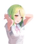  1girl :d arms_behind_head arms_up bangs blush breasts collared_shirt dress_shirt eyebrows_visible_through_hair green_eyes hair_tie highres holding looking_at_viewer mitamura neck_ribbon open_mouth original pink_ribbon red_eyes ribbon shirt sidelocks small_breasts smile solo upper_body white_shirt 