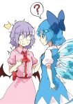  (o)_(o) /\/\/\ 2girls ? bat_wings blouse blue_dress blue_eyes blue_hair blue_ribbon blue_skirt bow breast_conscious breasts cirno closed_mouth collar commentary_request deetamu dress eyebrows_visible_through_hair fairy_wings fang frilled_collar frilled_dress frilled_skirt frills hair_bow hand_on_another&#039;s_chest hand_on_own_chest highres ice ice_wings lavender_hair looking_at_breasts looking_down multiple_girls pink_dress puffy_short_sleeves puffy_sleeves remilia_scarlet ribbon sash shirt short_hair short_sleeves simple_background skirt skirt_set standing surprised touhou vest white_background white_shirt wings 