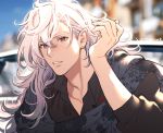  1boy adjusting_hair black_shirt blue_sky blurry camelot_&amp;_co close-up depth_of_field fate/grand_order fate_(series) grey_scarf hair_tucking long_hair male_focus merlin_(fate) outdoors parted_lips purple_hair scarf shirt sky solo upper_body very_long_hair 