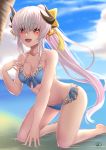  1girl ass bare_arms bare_shoulders bikini blue_bikini blurry blurry_background blush bow breasts collarbone commentary_request day eyebrows_visible_through_hair fate/grand_order fate_(series) frills hair_bow hair_ornament highres horns kiyohime_(fate/grand_order) kiyohime_(swimsuit_lancer)_(fate) long_hair looking_at_viewer open_mouth orange_eyes outdoors smile solo swimsuit vdrn1dd2gxldt3g very_long_hair white_hair yellow_bow 