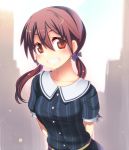  1girl blush breasts brown_eyes brown_hair collarbone commentary_request eyebrows_visible_through_hair gertrud_barkhorn grin hair_ornament hair_ribbon long_hair looking_at_viewer parted_lips ribbon shiny shiny_hair shiny_skin small_breasts smile solo strike_witches teeth twintails unier world_witches_series 