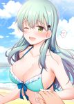  1girl alternate_costume aqua_hair bangs bare_shoulders beach bikini blue_sky blush bow breasts cleavage cloud collarbone commentary_request day eyebrows_visible_through_hair green_eyes hair_between_eyes hair_ornament hairclip halterneck heart highres holding holding_hands kantai_collection large_breasts long_hair looking_at_viewer one_eye_closed open_mouth outdoors revision rui_shi_(rayze_ray) sand sky smile spoken_heart string_bikini suzuya_(kantai_collection) swimsuit water 