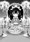  1girl ashley_(warioware) big_hair candle closed_eyes demon greyscale hairband monochrome red_(warioware) skull stuffed_animal stuffed_bunny stuffed_toy tokkyuu_mikan translated utensil warioware 