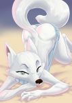  2019 akiric all_fours anthro arctic_fox bedroom_eyes blue_background blue_eyes butt canid canine cheek_tuft clothed clothing disney female fox gradient_background half-closed_eyes head_tuft hi_res looking_at_viewer mammal seductive simple_background skye_(zootopia) solo sweater tongue tongue_out topwear tuft virgin_killer_sweater yellow_background zootopia 