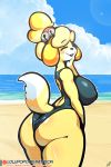  2019 absurd_res animal_crossing anthro big_breasts big_butt blush breasts butt canid canine canis clothed clothing domestic_dog eyes_closed female fur hair hi_res isabelle_(animal_crossing) lollipopcon mammal nintendo open_mouth shih_tzu solo swimwear thick_thighs toy_dog video_games yellow_fur 