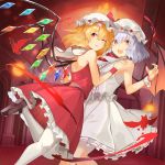  2girls :d adapted_costume backless_outfit bangs bare_arms bare_shoulders bat_wings black_footwear blonde_hair blue_hair bow commentary_request crystal dress eyebrows_visible_through_hair feet_out_of_frame flandre_scarlet hair_between_eyes hands_up hat hat_bow highres indoors leg_up looking_at_viewer mary_janes mob_cap multiple_girls one_eye_closed open_mouth pantyhose parted_lips petticoat red_bow red_eyes red_skirt red_vest remilia_scarlet rin_falcon shoes short_hair siblings sisters skirt skirt_set sleeveless sleeveless_dress smile standing standing_on_one_leg thighs touhou vest white_dress white_headwear white_legwear wings wrist_cuffs 