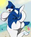  2019 absurd_res anthro beach big_breasts big_butt big_nipples bounce breasts butt cosmicscourge eyelashes female fish hi_res inverted_nipples long_eyelashes looking_at_viewer looking_back marine nipples nude pussy running seaside shark slightly_chubby smile sushi_(cosmicscourge) thick_thighs voluptuous wide_hips 