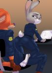  2019 3_toes :3 akiric anthro barefoot belt brown_background canid canine chair clothed clothing computer crossgender dipstick_ears disney duo fox ftm_crossgender furgonomics girly gloves_(marking) gradient_background half-closed_eyes hi_res judy_hopps kneeling lagomorph laptop leporid looking_back male male/male mammal markings multicolored_ears nick_wilde office_chair police_uniform purple_eyes rabbit rear_view red_fox simple_background sitting tail_clothing toes uniform zootopia 