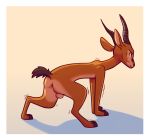  2019 all_fours antelope anthro anus balls blush bodily_fluids border bovid brown_background butt facial_markings fuel_(artist) fuel_(character) gazelle gradient_background head_markings hi_res horn male mammal markings nude presenting presenting_hindquarters shaking simple_background solo sweat sweatdrop trembling white_border 