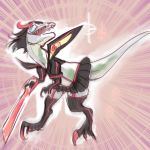  accessory bedupolker bottomwear claws clothed clothing cosplay dinosaur dromaeosaurid garter garter_straps hair_highlights hi_res humor legwear open_mouth reptile scalie senketsu skimpy skirt slit_pupils theropod thigh_highs velociraptor weapon 