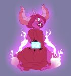  1_eye ambiguous_gender back_boob breasts cape clothing demon digital_media_(artwork) disney duo female gravity_falls hair headgear headwear hi_res horn humanoid kneeling larger_female looking_at_viewer looking_back necktie purple_background purple_eyes purple_hair purple_skin pyronica rear_view signature simple_background sitting sitting_on_person size_difference slb smaller_ambiguous 