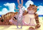  2019 akiric anthro assisted_exposure barefoot beach big_breasts bikini blue_sky breast_size_difference breasts buckteeth camel_toe cheek_tuft cleavage clothed clothing cloud disney duo felid female female/female fur grin half-closed_eyes huge_breasts interspecies judy_hopps lagomorph leporid lying mammal multicolored_fur officer_fangmeyer on_side open_mouth outside pantherine predator/prey purple_eyes rabbit sand sea seaside size_difference sky small_breasts smile standing striped_fur stripes swimwear teeth tiger tuft two_tone_fur water whiskers zootopia 