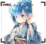  1girl :&lt; alternate_costume alternate_hair_ornament alternate_hairstyle bangs blue_eyes blue_hair blue_ribbon blush commentary_request eyebrows_visible_through_hair hair_bun hair_ornament highres holding japanese_clothes kimono long_sleeves pedo0201 re:zero_kara_hajimeru_isekai_seikatsu recording rem_(re:zero) ribbon simple_background solo upper_body white_background wide_sleeves wristband x_hair_ornament 