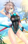  1girl beach black_swimsuit blue_eyes blue_sky cloud commentary_request contrapposto cowboy_shot day dutch_angle fate/grand_order fate_(series) hair_ornament horizon kotatsu_(kotatsu358) long_hair looking_at_viewer miyamoto_musashi_(fate/grand_order) mouth_hold ocean outdoors pink_hair pole ponytail sky solo standing swimsuit sword weapon wristband 