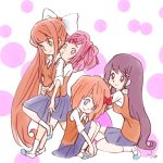  blue_eyes blue_skirt doki_doki_literature_club green_eyes hug kneeling long_hair looking_at_viewer monika_(doki_doki_literature_club) natsuki_(doki_doki_literature_club) orange_hair orange_vest pink_eyes pink_hair purple_eyes purple_hair red_ribbon ribbon sayori_(doki_doki_literature_club) school_uniform shirt sitting skirt standing takeuchi_kou white_shirt yuri_(doki_doki_literature_club) 