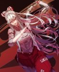  1girl absurdres bangs blurry bow breasts cigarette commentary_request cowboy_shot dutch_angle fujiwara_no_mokou hair_between_eyes hair_bow highres kikimifukuri large_breasts long_hair long_sleeves looking_at_viewer ofuda pants parted_lips red_eyes red_pants shirt silver_hair smile smoke solo suspenders throwing touhou v-shaped_eyebrows very_long_hair white_bow white_shirt 