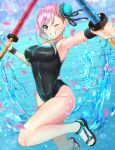  1girl black_swimsuit blue_eyes blurry bun_cover collarbone commentary_request competition_swimsuit depth_of_field dual_wielding fate/grand_order fate_(series) full_body grin hair_bun hair_ornament highres hinata_minami holding looking_at_viewer miyamoto_musashi_(fate/grand_order) one-piece_swimsuit pink_hair sandals side_ponytail smile solo swimsuit sword water weapon 