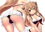  1girl ass bikini bikini_skirt black_bikini breasts brown_eyes choker cleavage collarbone commentary_request gradient_hair hase_yu kantai_collection large_breasts leaning_forward light_brown_hair long_hair looking_at_viewer multicolored_hair multiple_views murasame_(kantai_collection) remodel_(kantai_collection) simple_background skirt swimsuit two_side_up white_background white_skirt 