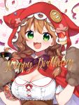  1girl :3 :d animal_ears animal_hood bangs blush bow braid breasts brown_bow brown_gloves brown_hair capelet cleavage confetti eyebrows_visible_through_hair fake_animal_ears gloves green_eyes hair_over_shoulder hands_up happy_birthday holding hood hood_up hooded_capelet long_hair looking_at_viewer medium_breasts nijisanji open_mouth paw_gloves paws red_capelet shirt smile solo streamers twin_braids virtual_youtuber warabeda_meijii white_shirt yamabukiiro 