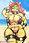  2019 absurd_res anthro big_breasts bikini bowser bracelet breasts clothed clothing collar crossgender female hair hi_res horn humanoid jewelry koopa lollipopcon long_hair mario_bros mtf_crossgender muscular muscular_female nintendo nipple_outline nipples one_eye_closed outside red_hair scalie seaside solo spiked_bracelet spiked_collar spikes swimwear thick_thighs video_games 
