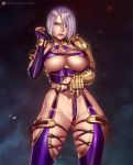  1girl blue_eyes breasts fingerless_gloves gauntlets gloves isabella_valentine large_breasts lips looking_at_viewer nikita_varb parted_lips partially_visible_vulva purple_hair short_hair skindentation solo soulcalibur thick_thighs thighs underboob 