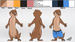  2019 animal_genitalia anthro balls bottomwear brown_eyes brown_fur clothed clothing english_text fingers fully_sheathed fur hi_res invalid_tag lutrine male mammal model_sheet mustelid nude pants paws reef_(character) sheath simple_background smile solo text trevart 