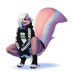  anthro balls clothed clothing crobat_(artist) crossdressing crouching erection fishnet girly hi_res humanoid_penis looking_at_viewer makeup male mammal mephitid penis skunk solo 