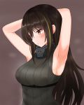  1girl armpits arms_behind_head arms_up black_eyes black_hair breasts eyebrows_visible_through_hair finesoda girls_frontline green_hair highres large_breasts long_hair m4a1_(girls_frontline) multicolored_hair ribbed_sweater scarf sleeveless sleeveless_sweater solo streaked_hair sweater two-tone_hair upper_body 