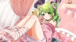 1girl bangs bare_shoulders bed bloomers blush cellphone closed_mouth curtains day double_bun eyebrows_visible_through_hair fingernails glint green_eyes green_hair hair_ornament hair_scrunchie hairclip holding holding_cellphone holding_phone indoors jacket knees_up long_hair morinaka_kazaki nail_polish nijisanji no_shoes off_shoulder on_bed open_clothes open_jacket pennant phone pillow pink_jacket pink_scrunchie poster_(object) red_nails scrunchie shelf sitting smile socks soles solo string_of_flags striped striped_legwear stuffed_animal stuffed_toy teddy_bear underwear virtual_youtuber white_bloomers yamabukiiro 