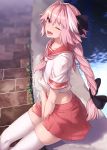  1boy astolfo_(fate) bangs black_bow blush bow braid crop_top fang fate/apocrypha fate/grand_order fate_(series) hair_between_eyes hair_intakes ibuki_notsu long_braid long_hair looking_at_viewer midriff multicolored_hair neckerchief one_eye_closed open_mouth otoko_no_ko pink_hair pink_neckwear pleated_skirt purple_eyes red_skirt sailor_collar school_uniform serafuku shirt short_sleeves single_braid sitting skirt smile solo streaked_hair thighhighs thighs white_hair white_legwear white_shirt 