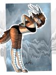  2019 anthro antlers bent_over border bra brown_hair clothing detailed_background digital_media_(artwork) dragon female fur furred_dragon hair hi_res horn invalid_tag kipsy kipsy_(character) looking_at_viewer panties pinup pose semi_nude signature smile solo standing stripes teeth tongue tongue_out underwear undressing 