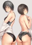  2girls amagami ass back bangs black_hair black_swimsuit blush breasts brown_eyes brown_hair closed_mouth commentary_request competition_swimsuit covering_eyes from_behind grey_background half-closed_eyes highleg highleg_swimsuit highres looking_at_viewer looking_back medium_breasts multiple_girls nanasaki_ai nose_blush nozomi-y off_shoulder one-piece_swimsuit shirt short_hair simple_background swimsuit swimsuit_pull swimsuit_under_clothes tachibana_miya white_shirt 