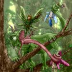  1:1 absurd_res blood blue_hair blue_wings bobbydando bodily_fluids breasts chameleon clothed clothing fairies_vs_tentacles fairy female feral flora_fauna forest gore green_scales green_wings hair hi_res humanoid insect_wings lizard macro murish_(fvt) nadisha_(fvt) nipples not_furry pink_hair pink_wings plant reptile scales scalie tongue tongue_out torn_clothing tree wings 