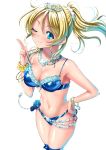  1girl ayase_eli bikini blonde_hair blue_bikini blue_eyes breasts cleavage collarbone commentary_request cowboy_shot hair_ornament hair_scrunchie hand_on_hip jewelry long_hair looking_at_viewer love_live! love_live!_school_idol_project medium_breasts nail_polish navel necklace one_eye_closed ponytail scrunchie sen_(sansui) shiny shiny_clothes simple_background solo swimsuit tiara white_background white_scrunchie wrist_scrunchie yellow_scrunchie 
